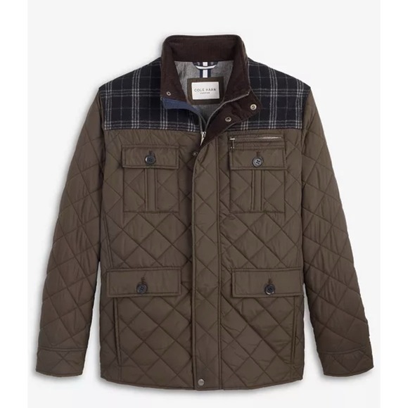 NEW! Cole Haan Quilted Mixed Media Field Jacket Elbow Patch Olive Green SZ L - Picture 6 of 14